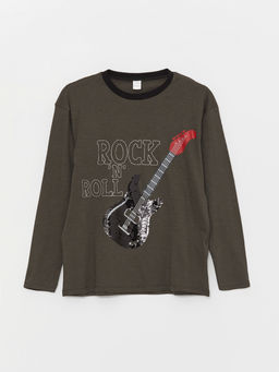 Bisiklet Yaka Rock and Roll Bask?l? Uzun Kollu Erkek ?ocuk Ti??rt