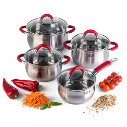 Набор посуды из нержавеющей стали Милфорд 4 штуки: кастрюли 2,2л - д18см, h9см, 3,2л - д20см, h10,5см, 5,2л - д24см, h11,5см, ковш 1,5л - д16см, h8см, s0,6мм, дно s2,8мм, полировка матовая снаружи, зеркальная внутри, стеклянная жаропрочная крышка,