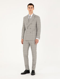 Gri Extra Slim Fit Ekose Kruvaze Tak_m Elbise