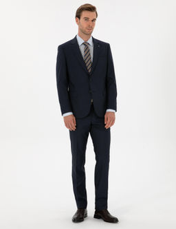 Lacivert Slim Fit Mikro Desenli Mono Yaka Tak_m Elbise