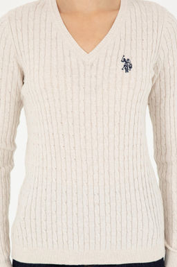 Женский кремовый меланжевый базовый свитер с v-образным вырезом Неожиданная скидка в корзине - U.s. polo assn фото 6