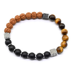 Браслет из натуральной рудракши с тигровым глазом, шунгитом, 18см Радуга камня