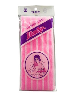 Bath Towel Мочалка-полотенце для душа с пилинг-эффектом / Stripe Long Exfoliating Towel, розовая полоска