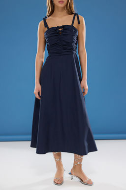 TRENDYOLMILLA Lacivert Duz A Kesim Fiyonk Detayl? Maxi Dokuma Elbise TWOSS25EL00144