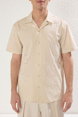 TRENDYOL MAN Bej Regular Fit K?sa Kollu Brode Yakma Bask?l? Nak?s Yazl?k Gomlek TMNSS25GO00017 - Trendyolmilla фото 3