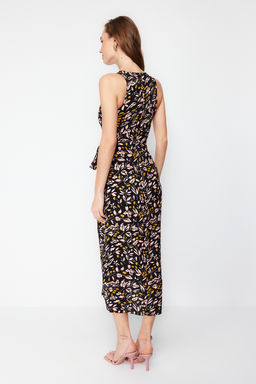 Siyah Cicekli Baglama Detayl? A-line Midi Dokuma Elbise TWOSS24EL00458