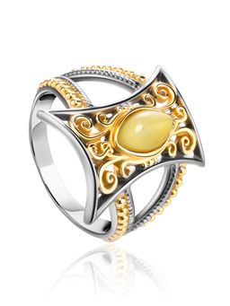 Яркое нарядное кольцо из серебра с позолотой и медового янтаря Арабеска