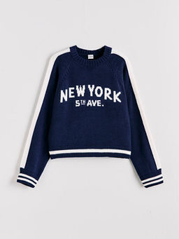 Bisiklet Yaka New York Desenli K?z ?ocuk Triko Kazak