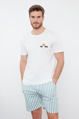 TRENDYOL MAN Mavi Ekru Cizgili Regular Fit Couple/Cift Orme Sortlu %100 Pamuklu Pijama Tak?m? TMNSS24PT00017 - Trendyolmilla фото 2