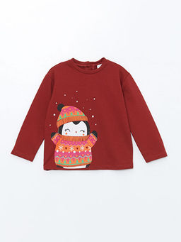 Bisiklet Yaka Uzun Kollu Bask?l? K?z Bebek Ti??rt