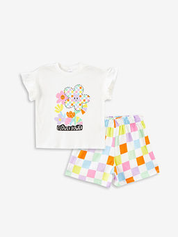 Bisiklet Yaka Bask?l? K?sa Kollu K?z ?ocuk ?ortlu Pijama Tak?m?