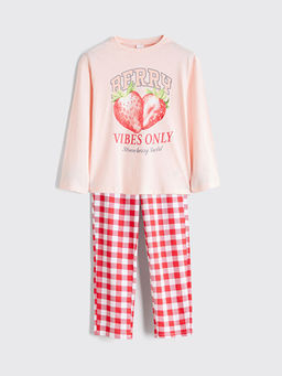 Bisiklet Yaka ?ilek Bask?l? K?z ?ocuk Pijama Tak?m?