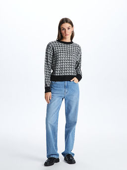 Bisiklet Yaka Desenli Uzun Kollu Kad?n Triko Kazak