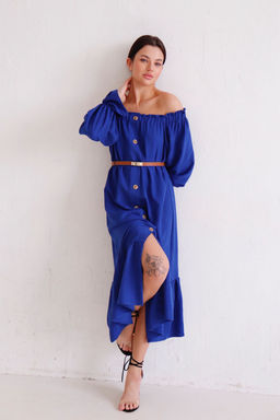 Длинное платье с открытыми плечами синее - Martichelli фото 7