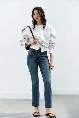 JEANS TRF CROPPED FLARE TIRO ALTO / Azul