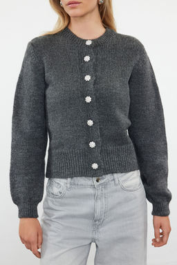 Antrasit Yumusak Dokulu Mucevher Dugmeli Ceket Gorunumlu Triko H?rka TWOAW21HI0034