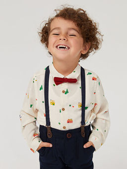 Uzun Kollu Y?lba?? Temal? Erkek Bebek G?mlek ve Papyon 2li Tak?m