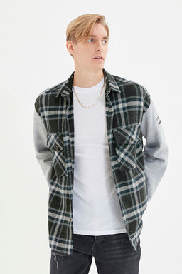 Lacivert Oversize Kollar_ _rme _ift Cep Kapakl_ K__l_k Kareli Oduncu Ceket G_mlek TMNAW22GO0059