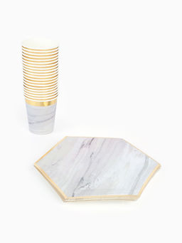 Посуда одноразовая бумажная на 20 персон, 40 предметов, мрамор белый