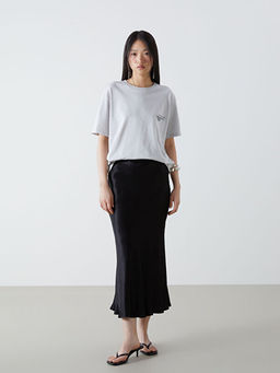 Bisiklet Yaka Bask?l? Oversize Kad?n Ti??rt