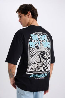 Loose Fit Bisiklet Yaka S?rt Bask?l? K?sa Kollu Tisort