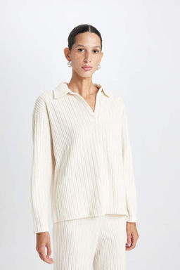 Женская повседневная футболка с воротником-поло в рубчик и длинными рукавами