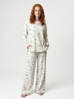 Пижама из велюра с принтом мишки с резинкой в комплекте OD-1009-3 молочный