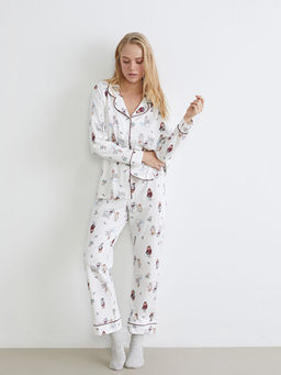 G?mlek Yaka Y?lba?? Temal? Kad?n Pijama Tak?m?