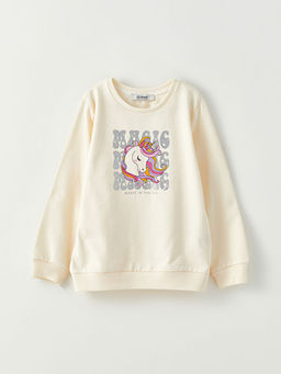 Bisiklet Yaka Bask?l? Uzun Kollu K?z ?ocuk Sweatshirt