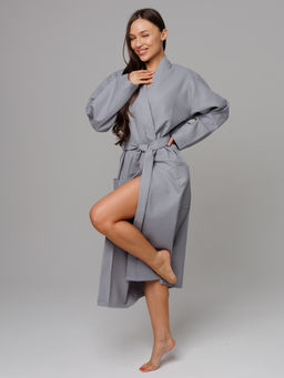 Женский вафельный халат с планкой серый В-02 (20)