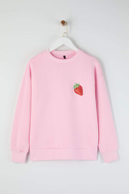 Teen Ac?k Pembe Cilek Bask?l? Ici Polarl? Orme Sweatshirt TWOAW26SW00196