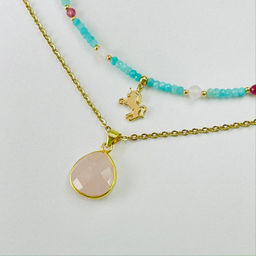 Колье двойное из Амазонита, Розового кварца и розового Турмалина - Радуга самоцветов фото 2