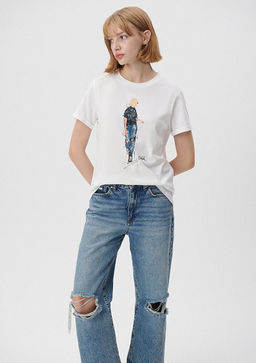 Denim K?z Bask?l? Beyaz Istanbul Tisort