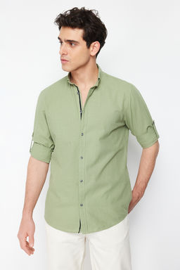 TRENDYOL MAN Koyu Yesil Dugmeli Yaka Apoletli Slim Fit Uzun Kol %100 Pamuklu Keten Gorunumlu Gomlek TMNSS20GO0189 - Trendyolmilla фото 2