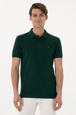 Erkek Slim Fit Polo Yaka Koyu Ye_il Basic Ti__rt