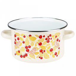Птички и вишня Кастрюля эмалированная 2л, цилиндрическая форма, металлическая крышка, ободок из нержавеющей стали, бисквит (Россия) - Домашняя мода фото 2