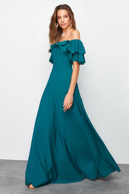 TRENDYOLMILLA Bordo A-Kesim Volanl? Dokuma Uzun S?k Abiye Elbise TPRSS24AE00054