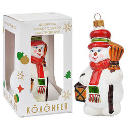 Ёлочное украшение Снеговик с фонариком зеленый,, в подарочной упаковке h-14 см