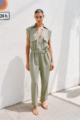LINEN BLEND BELTED JUMPSUIT