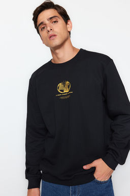 Siyah Bisiklet Yaka Regular/Normal Kesim Uzay Bask? Ici Polar/S?cak Tutan Sweatshirt TMNAW24SW00093
