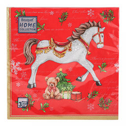 Салфетки бумажные "Bouquet Home Collection Classic" 33х33см, 3-х слойные, 20 штук в упаковке, 100% целлюлоза, "Новогодняя лошадка. Красный фон" (Россия)