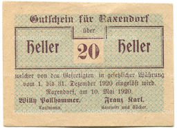 Банкнота 20 геллеров 1920 года Австрия  Раксендорф (нотгельд)