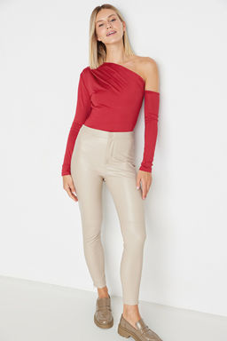 Bordo Asimetrik Yaka Uzun Kollu Esnek Alttan C?tc?tl? Orme Body TWOAW22BD0080