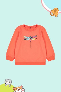 Ac?k Turuncu K?z Cocuk Mevsimlik-Ince Kelebek Desenli Orme Bisiklet Yaka Sweatshirt TKDAW25SW00001
