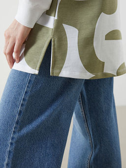 Bisiklet Yaka Desenli Oversize Kad?n Sweatshirt Tunik