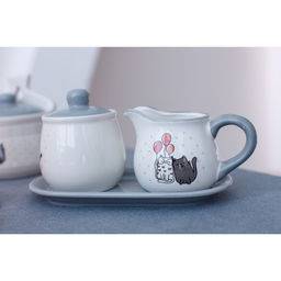 Набор сервировочный Доляна Уютные коты, 2 предмета: молочник 270 мл, сахарница 310 мл, белый, серый