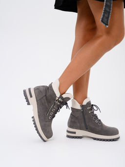 Ботинки 261.uno9gr.Серый замок замша+бежевый/байка