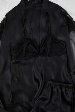 Siyah 3lu Ceyiz Set Saten Dokuma Pijama Tak?m? THMAW26PT00199