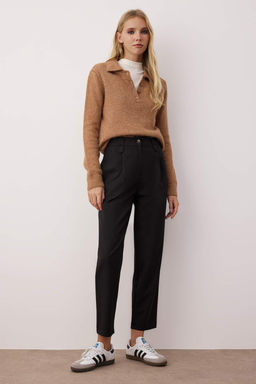 Siyah Havuc Yuksek Bel Poliviskon Dokuma Kumas Pantolon TWOSS22PL0280