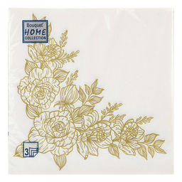 Салфетки бумажные Bouquet Home Collection Classic 33х33см, 3-х слойные, 20 штук в упаковке, 100% целлюлоза, Золотые розы (Россия)